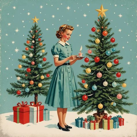 1950s retro vintage christmas tree with a retro christmas girl holding a christmas candle standing next to the tree norman Rockwell style ch... - AI Generated Artwork - NightCafe Creator Vintage Christmas Fashion Illustration, 50s Christmas Aesthetic, Vintage Christmas Poster, Retro Vintage Christmas, Mid Century Modern Christmas, Retro Christmas Tree, 1950s Retro, Mid Century Illustration, Christmas Board