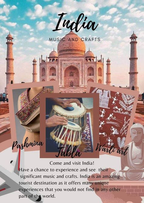 A tourist poster about the music and crafts of India Tourism Brochure Design, Tourist Poster, Canva Design Ideas, Tourist Brochure, Tourism In India, India Poster, Visit India, Brochure Cover, Tourist Places