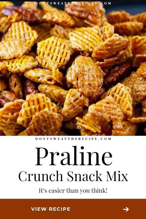 This Praline Crunch Snack Mix recipe is the perfect balance of salty, sweet, and crunchy! Not to mention it's extremely addictive. Beware! #praline #southern #snacks #recipe #pecan Crispix Pecan Praline, Praline Mix Recipe, Chex Mix Recipes With Pecans, Pecan Chex Mix Recipes, Chex Mix Praline Crunch, Chex Mix With Pecans, Praline Pecan Crunch Snack, Sweet And Salty Texas Trash, Pecan Praline Crunch