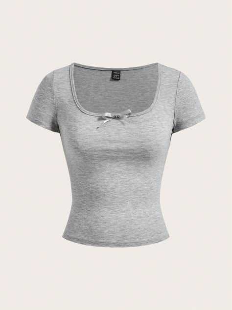 SHEIN EZwear Light Grey Knitted Women's Summer Short Sleeve Tight T-Shirt With Bow Decorated Square NecklineI discovered amazing products on SHEIN.com, come check them out! Trendy Button Up Shirt Outfit, Cap Sleeve Shirts, Clothes Shirts & Tops, 200s Shirts, Y2k Shirts Png, Cute Shirts Aesthetic, Tight Fitted Shirt, Grey Top Outfit, Coquette Shirts