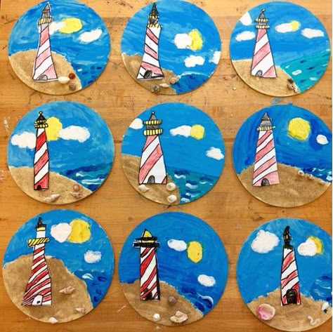 Summer Enrichment 2017 Summer Art For more information please follow me on Instagram @youngschoolartwithmr.g Like me on Faceboo... Butterfly Mosaics, Lighthouse Keepers Lunch, Clay Octopus, Lighthouse Crafts, Summer Art Projects, Wood Butterfly, Model Magic, Seaside Art, Lighthouse Art