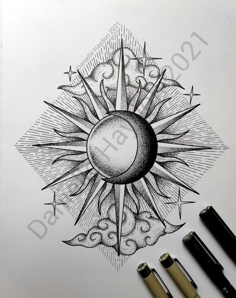 Sun And Moon Dotwork Tattoo, Eccentric Tattoos Ideas, Sun Celestial Tattoo, Dotwork Sun Tattoo, Moon Pointillism, Sun Tattoo Sleeve, Sun Drawing Tattoo, Sun And Moon Tattoo Drawing, Celestial Sun Tattoo