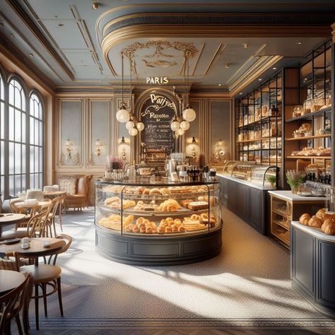 Chocolate Cafe Shop, Aesthetic Pastry Shop, Cafe In Paris Interior, Parisian Coffee Shop Interior, Beautiful Cafe Interior, Bakery Shop Aesthetic, French Cafe Interior Design, Bakery Architecture, French Restaurant Aesthetic