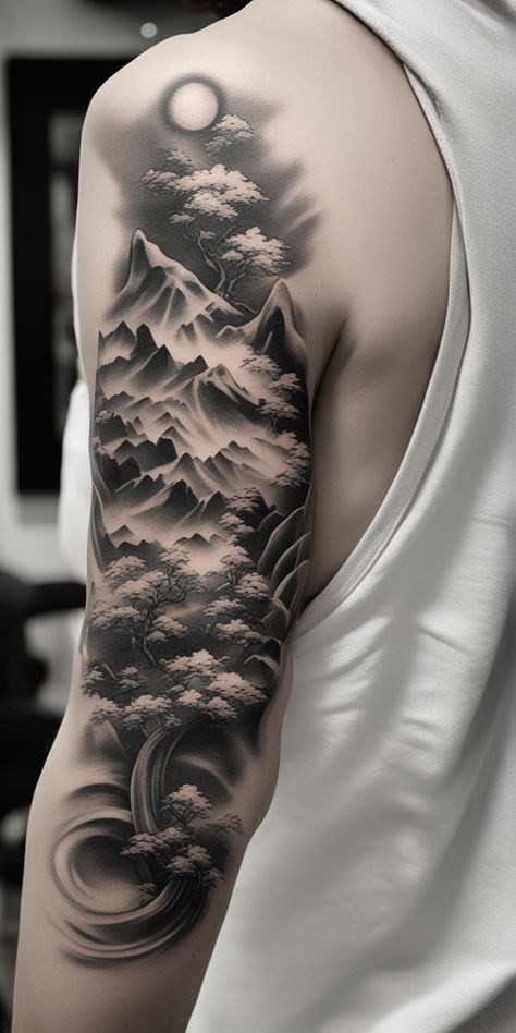 A realistic image of a Japanese tattoo, sketched in striking black and white on a blank canvas. Reflects firm strokes, intricate details, and the traditional artistry of Japan. Black And White Japanese Tattoo, Japanese Mountain Tattoo, Mount Fuji Tattoo, Japanese Tattoo Ideas, Tattoo Realism, Japanese Mountains, Tattoos Inspo, Mountain Tattoo, Realism Tattoo