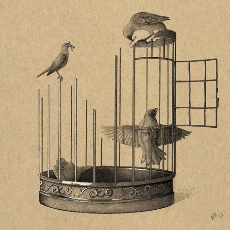 stippling drawing Open Cage Drawing, Open Bird Cage Drawing, Bird In Cage Art, Bird Cage Sketch, Open Cage Tattoo, Bird In A Cage Drawing, Caged Bird Aesthetic, Bird Out Of Cage, Caged Bird Art