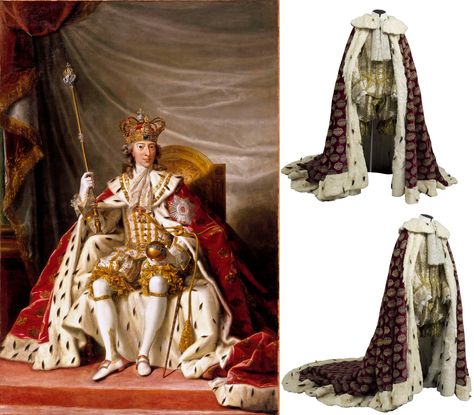 Suit of white silk woven with gold and red mantle lined with ermine, worn by King Christian VII of Denmark for his coronation in 1767. Portrait of Christian VII in his coronation robes, by Jens Juel, 1789. The Royal Danish Collection (Kongernessamling.dk). Kings Outfit Royal, King Outfits Royal, King Suit, King Arthur Pendragon, King Clothes, King Coronation, Royal Robes, Uther Pendragon, Royal Cape