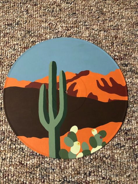 Western Record Painting, Western Painting Canvas, Painted Records Vinyl, Cd Painting Ideas, Painted Cds, Painted Records, Vinyl Art Paint, Cd Painting, Record Painting