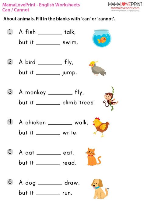 MamaLovePrint . Grade 1 English Worksheets . Basic Grammar (Can, Cannot) PDF Free Download Class 1 English, Free English Worksheets, Worksheets For Class 1, English Grammar For Kids, Grammar For Kids, Kindergarten Reading Worksheets, English Activities For Kids, Basic Grammar, English For Beginners