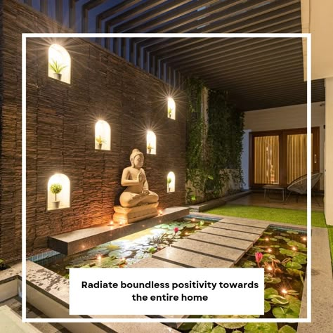 Buddha Courtyard Ideas, Terrace Mandir Ideas, Garden Feature Wall Ideas Outdoor, Partition Cabinet Design, Buddha Statue Home Interior Design, Outdoor Buddha Garden, Buddha Room Design, Garden Courtyard Ideas, Room Divider With Shelves