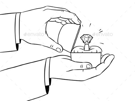 Hands with precious diamond ring coloring retro vector illustration. Marriage proposal metaphor. Isolated image on white background. Comic book style imitation. Ring On Hand Drawing, Proposal Illustration, Proposal Drawing, Engagement Hand Drawing, Rings Drawing, Engagement Drawing, Marriage Illustration, Marriage Drawing, Engagement Ring Illustration