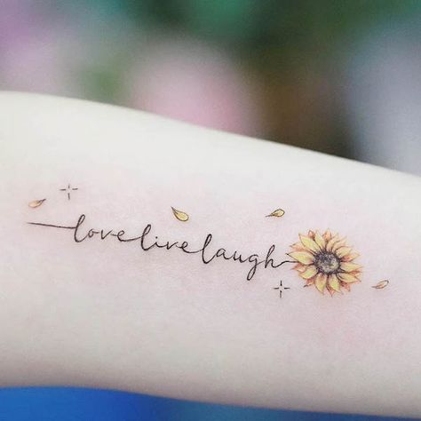 Live laugh love sunflower script tattoo by @cherri_art.tattoohk Sunflower Tattoo Meaning, Sunflower Tattoo Simple, Matching Bff Tattoos, Our Mindful Life, Poppy Tattoo, Tiny Wrist Tattoos, Feminine Tattoo Sleeves, Script Tattoo, Cool Wrist Tattoos