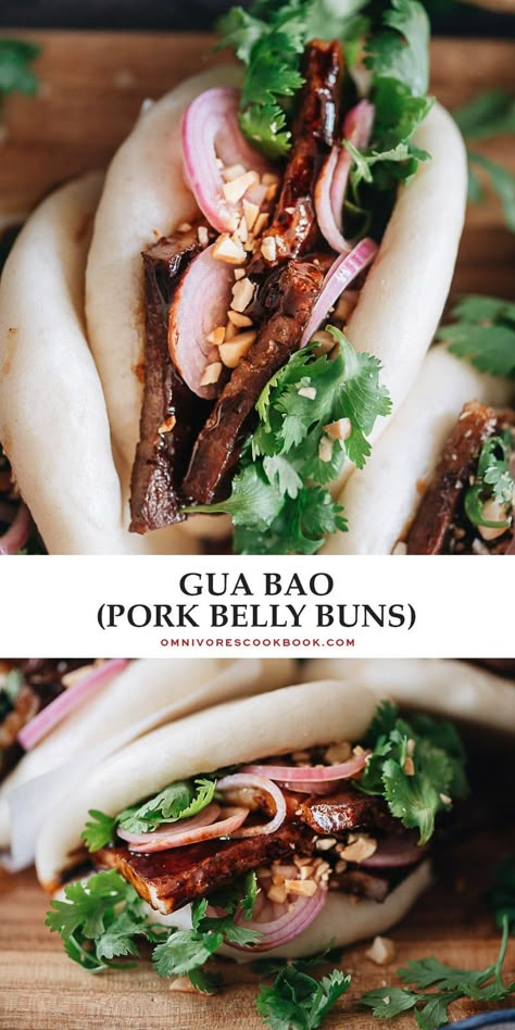 Gua Bao is a dim sum classic featuring delicious braised pork belly stuffed into fluffy bao buns for a tasty traditional treat! {Gluten-Free Adaptable} Boa Buns Pork Belly, Bau Buns, Pork Belly Buns, Pork Belly Bao, Gua Bao, Dim Sum Recipes, Braised Pork Belly, Pork Buns, Bao Buns