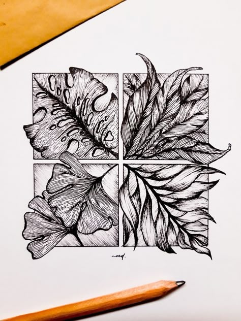 Leaf Ink Drawing, Black And White Leaves Drawing, Leaves Pen Drawing, Leaf Pen Drawing, Plant Pen Drawing, Plant Zentangle, Leaf Texture Drawing, Moleskine Drawing, Pen Art Doodle