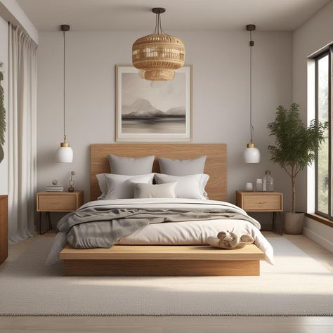 Scandinavian Bedroom Minimalist, Woven Light Fixture, Scandinavian Interior Bedroom, Matching Side Tables, Interior Bedroom Design, Scandinavian Wood, Natural Bedroom, Bedroom Vibes, Scandinavian Home Decor