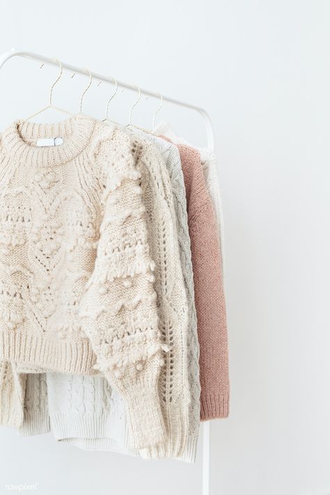 Casual knitted sweaters hanging on a rack | premium image by rawpixel.com / Karolina / Kaboompics Sweater Hanging, Sweater Care, Clothes Photography, Fashion Background, Color Codes, Clothing Photography, Knitting Inspiration, Sweater Weather, Look Fashion