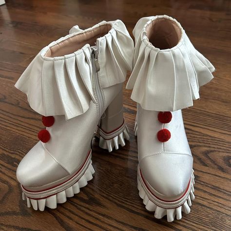 Never worn White and red platform clown boots... - Depop Jester Boots, Clown Boots, Bsd Clothes, Clown Core Outfit, Clown Core Fashion, Jester Shoes, Outfit Ideas Art, Rogue Costume, Clown Fashion