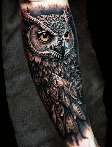 #OwlTattoo #CuteOwlTattoo #OwlInk #OwlTattooDesign #OwlTattooArt #InkedOwls #OwlTattooIdeas #OwlTattooLove #TattooInspiration #AnimalTattoos Cover Up Tattoos For Men Arm, Owl Forearm Tattoo, Owl Eye Tattoo, Arm Cover Up Tattoos, Realistic Owl Tattoo, Owl Tattoo Sleeve, Henna Mendhi, Cover Up Tattoos For Men, Owl Tattoo Drawings