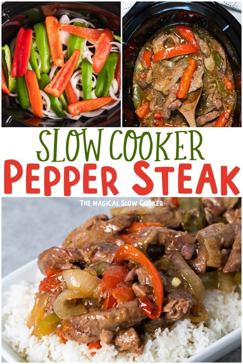 Slow Cooker Pepper Steak s full of tender steak, bell peppers and onions in a Chinese inspired sauce. Great over white or brown rice. #crockpot #slowcooker #peppersteak #beef #beefrecipes Green Pepper Steak Recipe Crock Pot, Best Pepper Steak Recipe Crock Pot, Slowcooker Peppersteak, Pepper Steak Crock Pot, Pepper Steak Recipe Crock Pot, Peper Steak, Slow Cooker Pepper Steak, Pepper Steak And Onions, Rice Crockpot