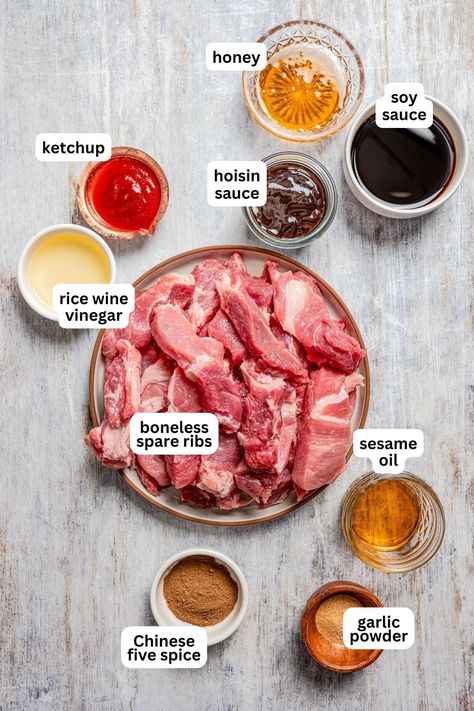 Make this mouthwatering recipe for Chinese Boneless Spare Ribs. They're cooked until perfectly crispy on the outside and wonderfully tender and juicy on the inside. Each rib is generously coated in a delectable sauce that perfectly balances sweet, savory, and tangy flavors, making them irresistibly delicious. Chinese Bbq Ribs With Hoisin Sauce, Chinese Beef Marinade, Chinese Meat Sauce, Korean Boneless Pork Ribs, Pork Rib Recipes Boneless, Asian Boneless Pork Ribs, Spare Ribs Sauce Recipe, Texas Ribs Recipe, Korean Spare Ribs Recipe