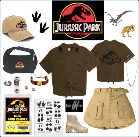 Jurrasic Park Outfit Ideas, Jurassic Park Fashion, Dinosaur Ranger Costume, Jurassic Park Party Outfit, Jurassic Park Cosplay, Jurassic Park Aesthetic Outfit, Jurassic Park Clothes, Jurrasic Park Outfits, Jurassic Park Inspired Outfit