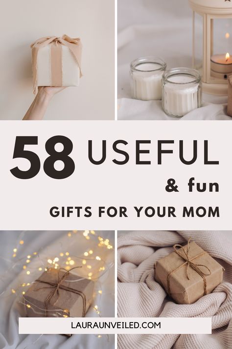 a pin that says in a large font 58 Useful & Fun Gifts for Your Mom Homemade Gift Baskets For Women, Birthday Presents To Ask For, Christmas Mother Gift, Gifts Mom Birthday, Gifts For My Boyfriends Mom, Small Gift For Mom, Photo Gifts For Mom, Cricut Gift For Mom, Mother’s Day Presents Ideas