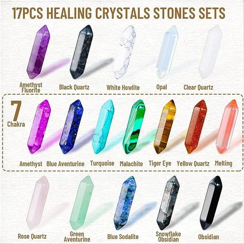 【17pcs Healing Crystals Stones Sets】The bullet shaped stone package includes Amethyst, Black Quartz, White Howlite, Malachite, Melting, Tiger Eye, Amethyst Fluorite, Obsidian, Snowflake Obsidian, Opal, Clear Quartz, Green Aventurine, Rose Quartz, Yellow Quartz, Blue Sodalite, Turquoise, Blue Aventurine. Obsidian Snowflake, Blue Aventurine, Reiki Meditation, Yellow Quartz, Black Quartz, Blue Sodalite, Snowflake Obsidian, White Howlite, Crystals Stones