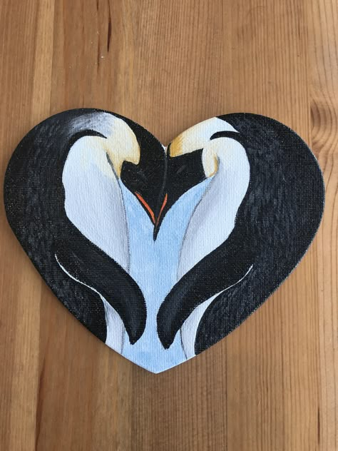 “Emperor and Empress “ penguins painting on heart shaped canvas board. $15 Heart Paintings Easy, Painting Ideas Heart Canvas, Heart On Canvas, Canvas Heart Painting, Heart Canvas Ideas, Painting Ideas Valentines, Heart Canvas Painting Ideas Easy, Heart Shaped Painting Ideas, Canvas Art Heart