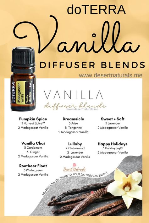 beige background, white box with essential oil diffuser recipes, bottle of doterra vanilla essential oil Doterra Madagascar Vanilla, Cozy Diffuser Blends, Vanilla Diffuser Blends, Vanilla Candles, Doterra Oils Recipes, Fall Essential Oils, Doterra Diffuser Blends, Essential Oil Combinations, Doterra Essential Oils Recipes