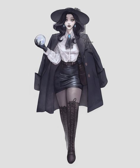 ArtStation - Character concept, Wiktoria Bizoń (viyunee) Detective Female Outfit, Witch Art Outfit, Villain Outfits Design Female, Modern Witch Character Design, Female Villain Outfit, Outfit Female Aesthetic, Female Detective Art, Witch Outfit Art, Fantasy Villain Outfit