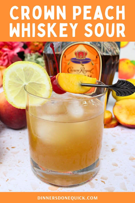 Peach Bourbon Cocktail Recipe, Pitcher Whiskey Cocktails, Peach Whisky Cocktails, Peach Whiskey Sour, Peach Crown Royal Drink Recipes, Crown Peach Drink Recipes, Crown Royal Peach Drinks Recipes, Crown Royal Apple Drinks, Crown Peach Drinks