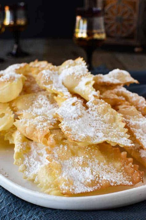 Crostoli are a crispy fried Italian pastry that is popular during Carnevale and many other celebrations. Try stopping at just one - impossible! #crostoli #angelwings #Italianfritters #easter #christmasrecipes #lent #Italiancookie #italianrecipes Crostoli Recipe, Italian Baking, Italian Sweets, Italian Christmas Cookies, Italian Cookie, Italian Cookie Recipes, Italian Recipes Dessert, Italian Pastries, Italian Cake