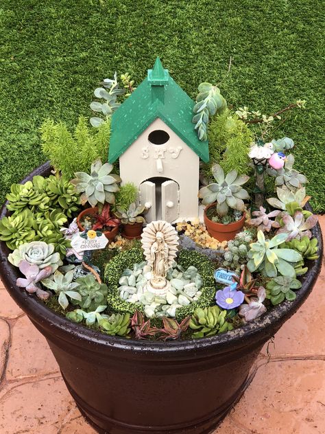 Blessed Mary fairy planter Mary Garden Ideas Backyards, Mother Mary Garden Ideas, Mini Mary Garden, Plant Pot Fairy House, Virgin Mary Garden Shrine, Marian Garden, Blessed Mary, Vbs Crafts, Mini Garden