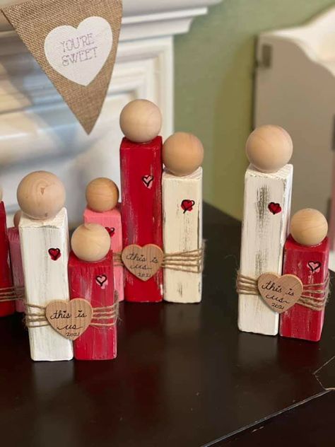 Valentine Pallet Projects, Angel Wood Crafts, Wood Projects Valentines Day, Diy Wood Valentines Decor, Diy Wood Family People, Wooden Valentine Crafts Ideas, Valentine's Day Wood Crafts, Valentine Crafts For Adults Diy Projects, Adult Valentine Crafts