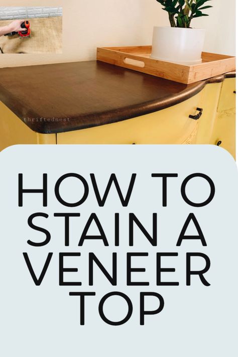 Can you stain wood veneer? Yes, you can! Learn step by step how to stain veneer furniture. Strip, sand and stain a veneer top the easy way! How To Stain Veneer Furniture, Diy Veneer Table Makeover, Painting Over Veneer Furniture, Stripping Wood Veneer, How To Strip Veneer Furniture, Staining Veneer Furniture, Refinish Veneer Table Top, Sanding Veneer Furniture, Stain Veneer Furniture