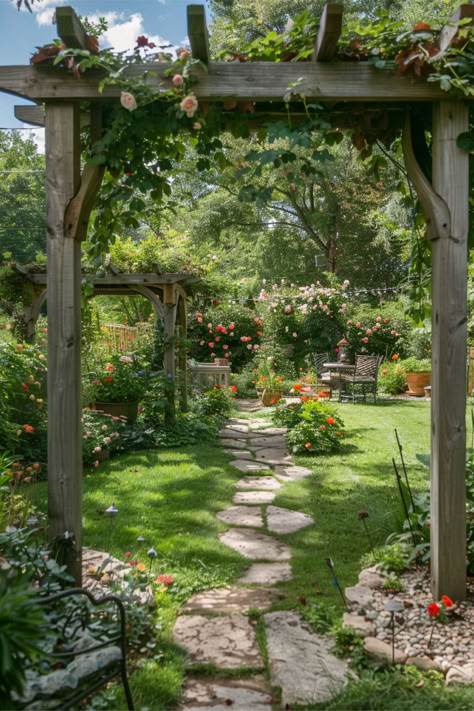 A charming backyard garden with a brick pathway, vibrant flower beds, and a pergola-covered seating area, perfect for inspiring Backyard Garden Inspiration. Arbor To Backyard, Backyard Country Ideas, Long Cottage Garden, Beautiful Garden Ideas Inspiration, English Backyard Garden, Multi Level Garden Ideas, Cute Cottage Garden, Large Cottage Garden, Big Garden Design Ideas