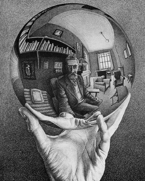 retro and sci-fi art on Instagram: ““Hand with Reflecting Sphere” also known as “Self-Portrait in Spherical Mirror” is a lithograph by Dutch artist M. C. Escher (1898-1972),…” Escher Hands, Spherical Mirror, Mirror Illusion, Day Art Challenge, 30 Day Art Challenge, Inspo For Art, M C Escher, Drawing Hands, Mc Escher