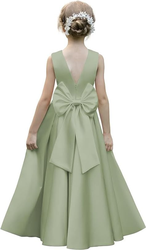 Amazon.com: HEWEGO Sage Green Satin Flower Girl Dresses for Girls A-Line Crew Neck Formal Dress with Bow V-Back Sleeveless Pageant Dresses for Girls Size 6 : Clothing, Shoes & Jewelry Kids Satin Dress, Flower Girl Sage Green, Flower Girl Dresses Sage Green, Sage Green Dress Formal, Sage Green Flower Girl Dress, Bridesmaid Dresses For Kids, Sage Flower Girl Dress, Green Dress Formal, Kids Gowns