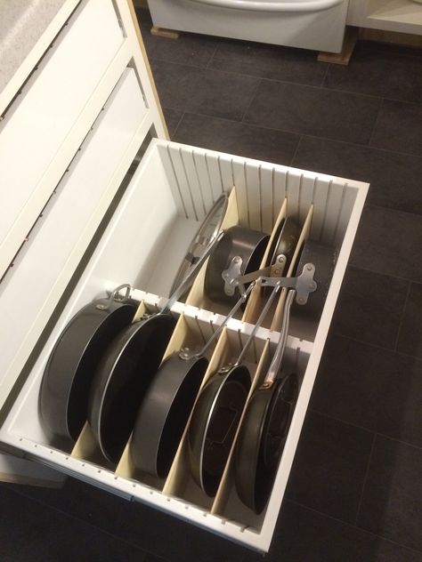 Pan Holder In Cabinet, Pot And Pan Storage Drawer, Pantry Pan Storage, Glass Pan Storage, Organising Pots And Pans In Drawers, Kitchen Cabinet Pan Storage, Drawer Pan Organizer, Fry Pan Storage, Vertical Pan Storage