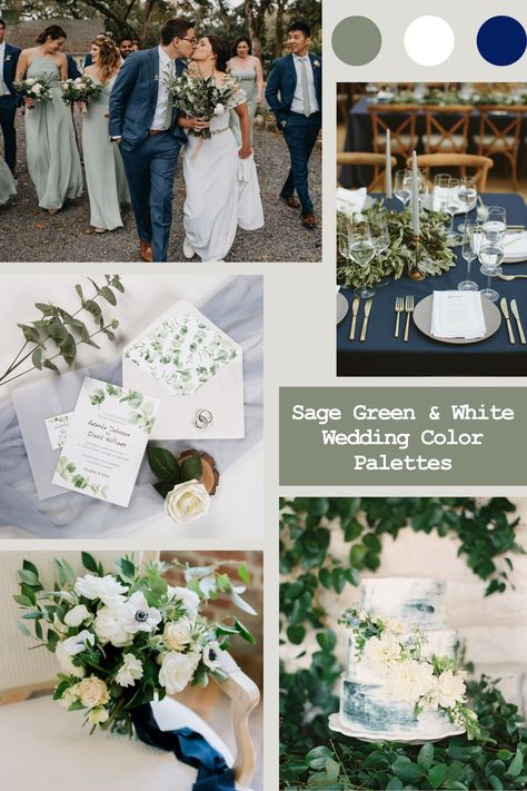 Olive And Navy Wedding Colors, White Sage Blue Color Palette, Sage And Blue Color Palette Wedding, Sage And White Wedding Theme, March Wedding Color Schemes, Olive And Navy Wedding, Navy And Eucalyptus Wedding, Wedding Inspiration Sage Green, White Wedding Color Schemes