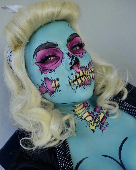 Pin Up Wig, Pop Art Zombie Makeup, Pop Art Zombie, Makeup Zombie, Holloween Makeup, Pop Art Makeup, Victory Rolls, Face Art Makeup, Amazing Halloween Makeup