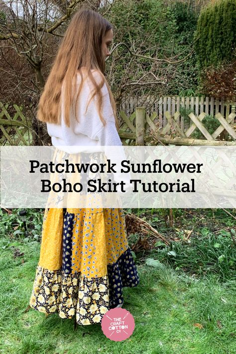 Do you want to start sewing your Summer Wardrobe ? Try out this gorgeous Boho Patchwork Skirt. Boho Maxi Skirt Pattern, Boho Patchwork Skirt, Diy Boho Skirt Tutorials, Sew Boho Skirt, Diy Patchwork Skirt Pattern, Hippie Skirt Sewing Pattern, Patchwork Skirt Diy Sewing Tutorials, Scrap Skirt Diy, Boho Clothing Sewing Patterns