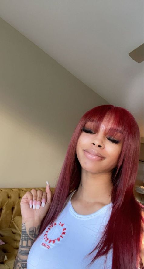 Burgundy Wig With Bangs Black Women, Burgundy Hair With Bangs Black Women, Red Bang Wig Black Women, Red Bang Wig, Red Bangs Black Hair, Burgundy Bangs, Burgundy Wig With Bangs, Red Wig With Bangs, Black Girls Red Hair