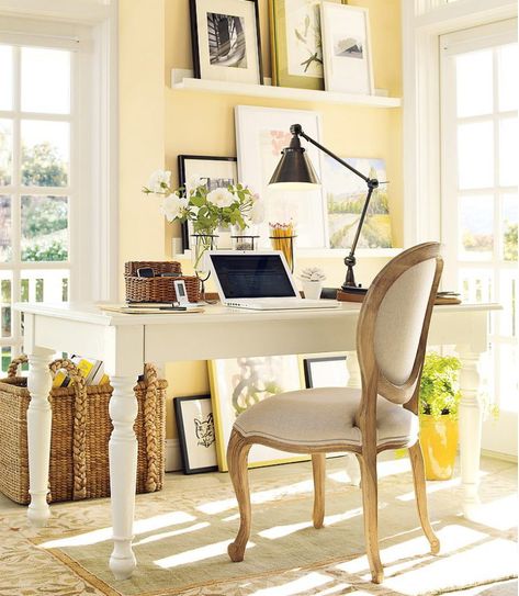 Yellow is Back! Avoid the Mistake Almost Everyone Makes Choosing Yellow Gray Interior Doors, Interior Paint Schemes, Home Office Design On A Budget, Yellow Office, Office Paint, White Desk, Interior Paint Colors, White Furniture, Home Office Design