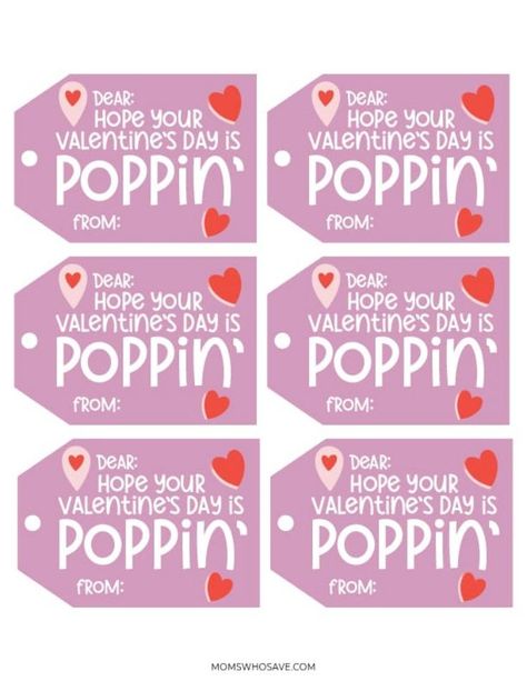 Free Printable Valentine Tags — Attach to Lollipops, Pop-Its, or Popcorn Pop It Valentine, Free Printable Valentines Tags, Printable Valentine Tags, Popcorn Valentine, Valentines Printable, Class Valentines, Valentine Gifts For Kids, Preschool Valentines, Valentine's Day Printables