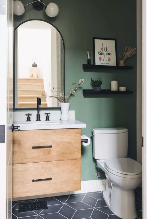 Green Small Bathrooms, Green Powder Room, Small Bathroom Paint, Mid Century Modern Bathroom, Powder Room Makeover, Powder Room Design, Downstairs Bathroom, Toilet Storage, Basement Bathroom