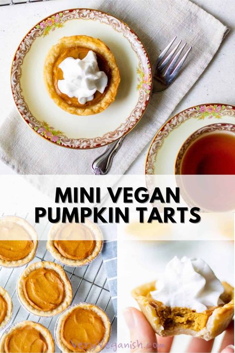 Mini Vegan Pumpkin Pies, Vegan Mini Pumpkin Pies, Pumpkin Tartlets, Pumpkin Tarts Recipe, Pumpkin Pie Vegan, Mini Pumpkin Pies Recipe, Dairy Free Pies, Mini Pumpkin Pie, Pumpkin Tart