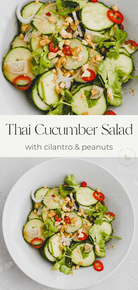 A refreshing Thai cucumber salad recipe with cilantro, chili, and peanuts! Healthy, delicious, and quickly prepared. #thai #asian #cucumber #salad #recipe #withpeanuts #vegan Asian Salad Recipes, Thai Cucumber Salad Recipe, Asian Cucumber Salad Recipe, Recipe With Cilantro, Thai Salad Dressings, Chili Salad, Thai Appetizer, Thai Cucumber, Asian Salad Recipe