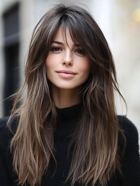 Effortless Style with Long Shaggy Hairstyles: A Guide to Texture and Volume Hair With Long Fringe, Shag Hair Long Bangs, Long Shaggy Haircut For Fine Hair, Shaggy Long Bangs, Best Mom Hairstyles, Layercut Haircut Long Hair, Sweeping Bangs Long Hair, Shag Curtain Bangs Long Hair, Hairstyle For Women Over 40 Long