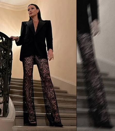 Fashion Editors, Stylists, and Buyers Discuss NYFW Trends | Who What Wear Black Transparent Top Outfit, Black Lace Pants Outfit, Lace Trousers Outfit, Lace Pants Outfit, Black Lace Pants, Lace Trousers, New Year Look, Dress Over Pants, Vogue Photo