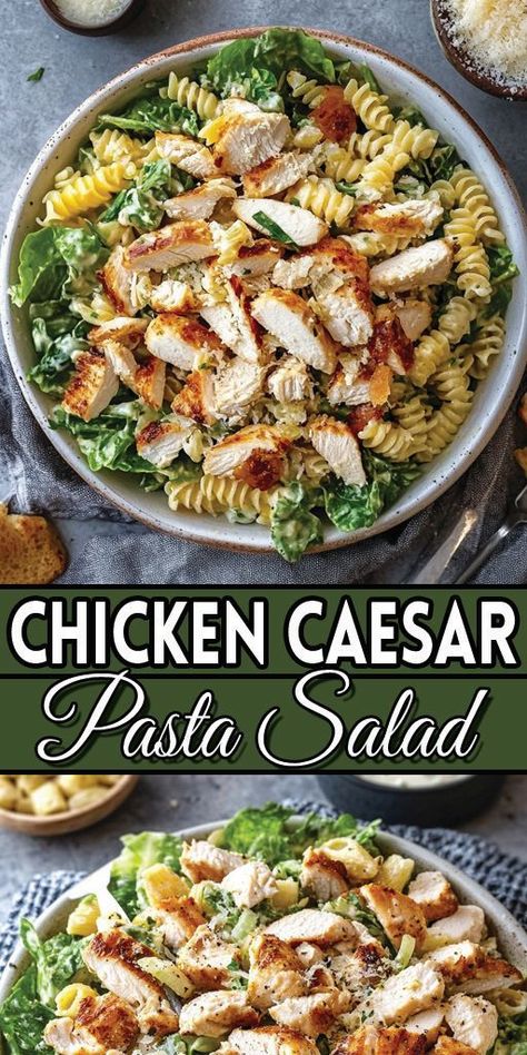 ✨ Chicken Caesar Pasta Salad is the perfect blend of two favorites: creamy Caesar salad and flavorful pasta salad! 🍝🥗 This delightful dish combines tender grilled chicken, fresh romaine lettuce, Parmesan cheese, and al dente pasta tossed in a zesty Caesar dressing.   👉 Try this recipe now! Save this Pin to your favorite recipe board for later. ✅  #ChickenCaesarSalad #PastaSalad #EasyRecipes #HealthyEating Salad Ideas With Meat, Healthy Chicken Caesar Salad, Caesar Salad With Pasta, Cuban Pasta Salad, Chicken Pasta Ceaser Salad, Pasta Ceasar Salad Recipe, Ceasar Pasta Chicken Salad, Chicken Ceaser Pasta Salads, Caesar Pasta Salad Recipes